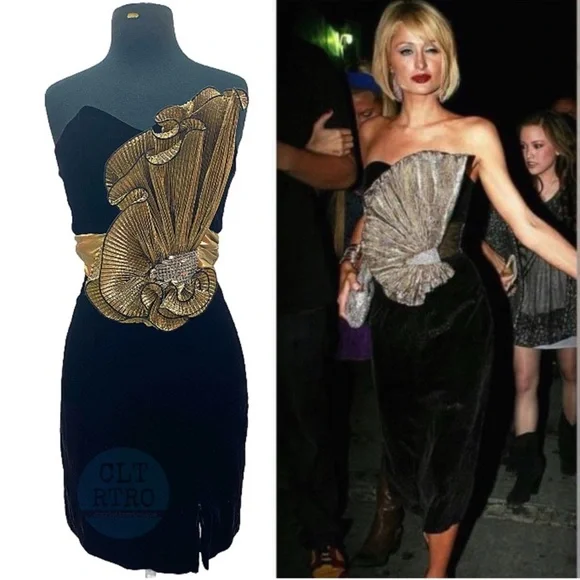 80s Avant-Garde Elegant Black and Gold Strapless Cocktail Dress - Picture 2 of 9